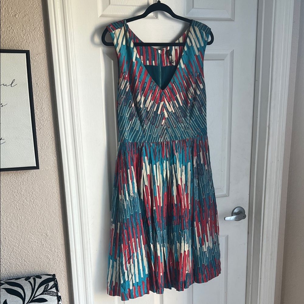 Anthropologie Teal and Red Patterned Midi Dress